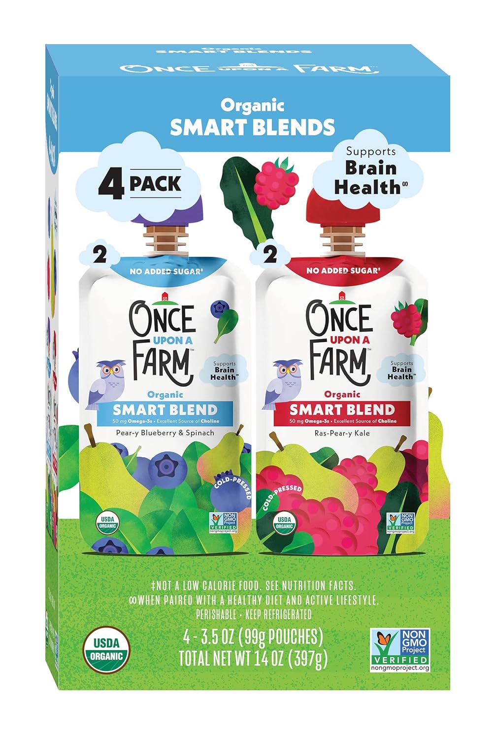 Once Upon a Farm Organic Smart Blend, Pear-y Blueberry and Spinach and Rasp-Pear-y Kale Variety 4PK, Kids Snack, 3.5oz Pouch