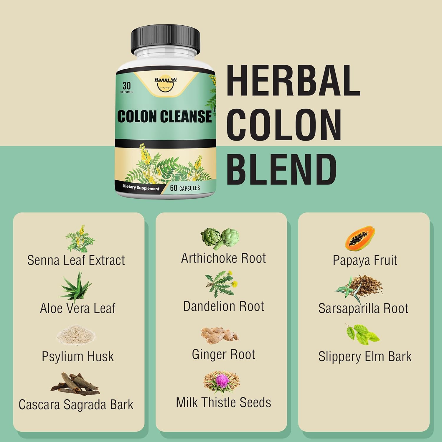 Happi Mi Nutrition Colon Cleanse, Colon Detox, All Natural Herbal Formula, Support Healthy Bowel Movements, Gut Health & Healthy Metabolism Support, Non-Gmo - 60 Vegetable Capsule 30 Servings : Health & Household