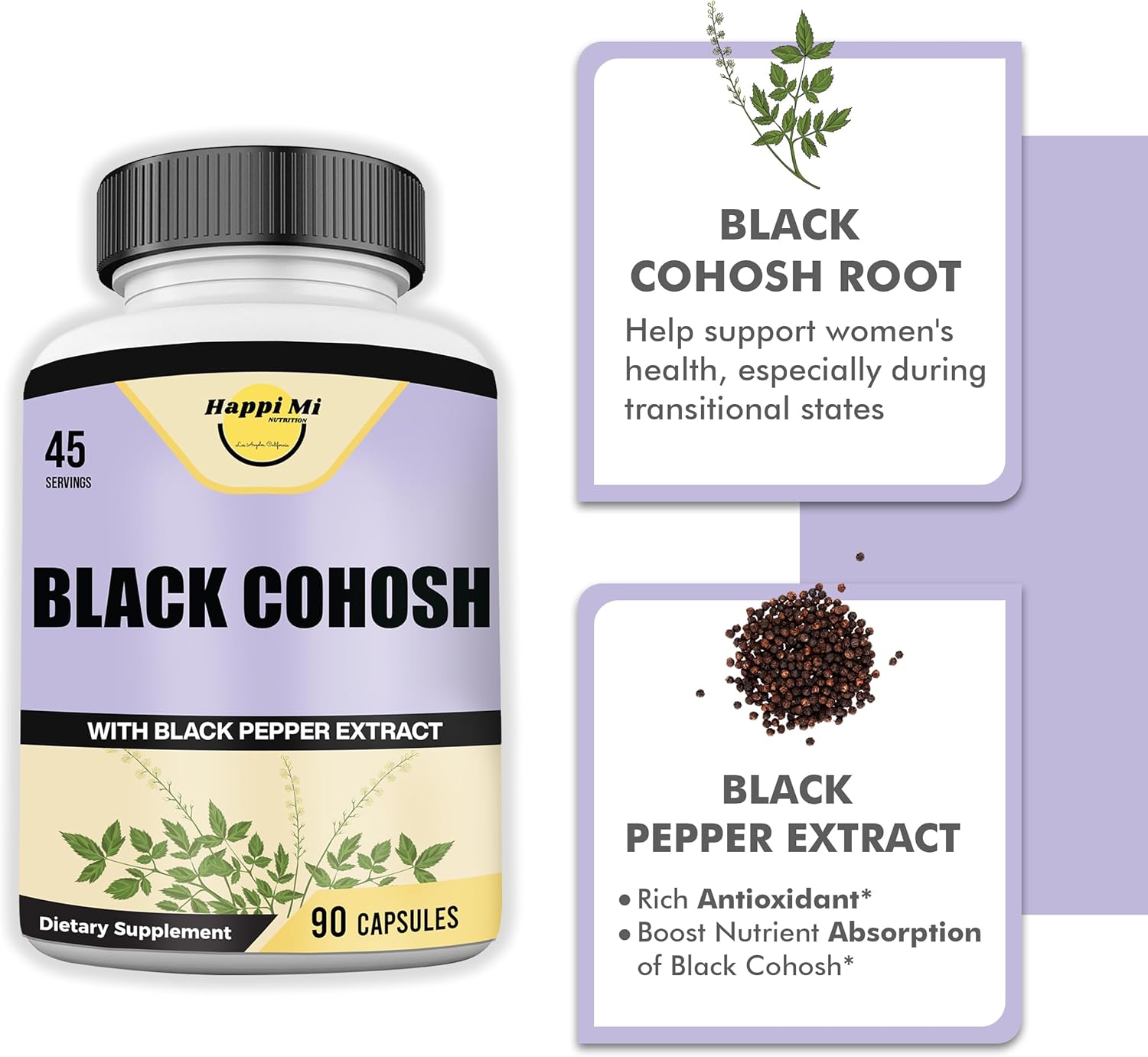 Happi Mi Nutrition Black Cohosh Made With Organic Black Cohosh Root 1300Mg Per Serving, Balance Hormones, Natural Menopause & Menstrual Support, Women Health Support, 90 Vegan Capsules, 45 Servings : Health & Household