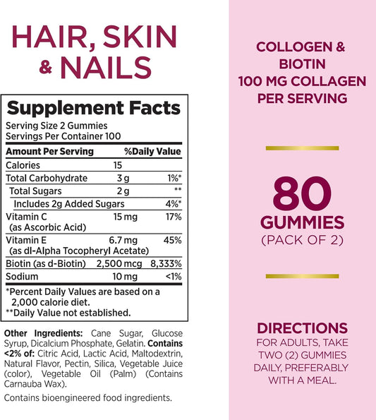 Nature'S Bounty Hair, Skin & Nails With Biotin And Collagen, Citrus-Flavored Gummies Vitamin Supplement, Supports Hair, Skin, And Nail Health For Women, 2500 Mcg, 80 Ct (2 Pack)