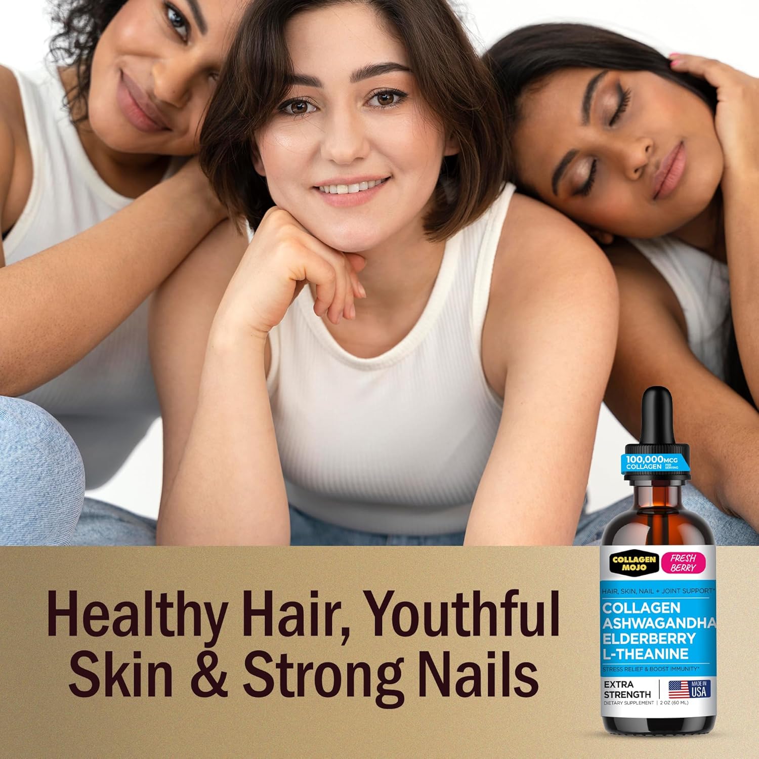 Collagen Mojo - Liquid Collagen For Women & Men, Collagen Peptides With Ashwagandha, Elderberry & L-Theanine - Hair, Skin, Nails, Joint & Stress Support, High Absorption - 100,000Mcg, 2 Oz : Health & Household