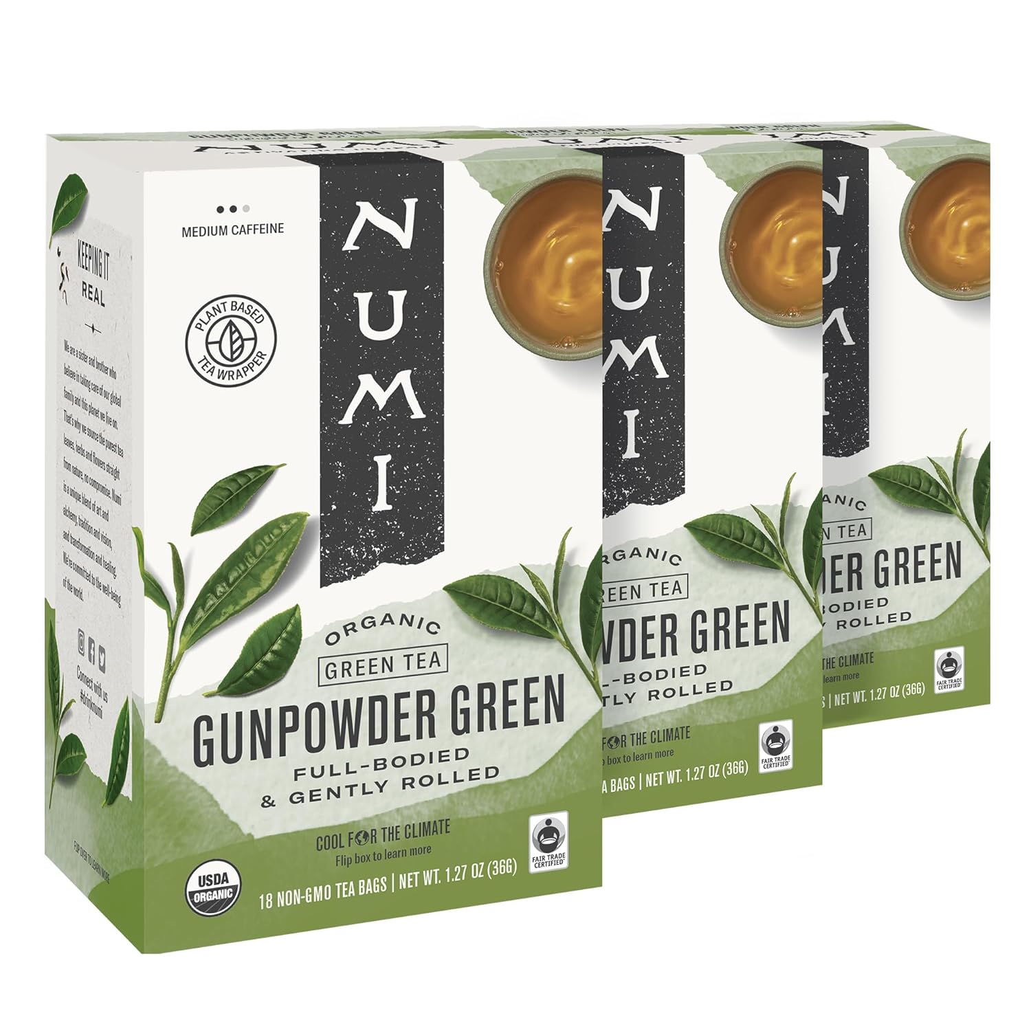 Numi Organic Tea Gunpowder Green, 18 Tea Bags (Pack Of 3), Full-Bodied Gently Rolled Chinese Green Tea (Packaging May Vary)