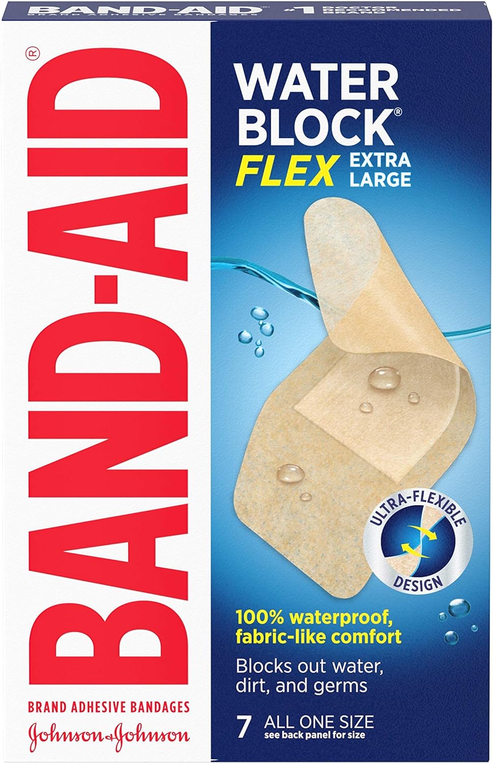 Band-Aid Brand Water Block Flex 100% Waterproof Adhesive Bandages For First-Aid Wound Care Of Minor Cuts, Scrapes & Wounds, Ultra-Flexible Design, Sterile, Extra Large, 7 Ct