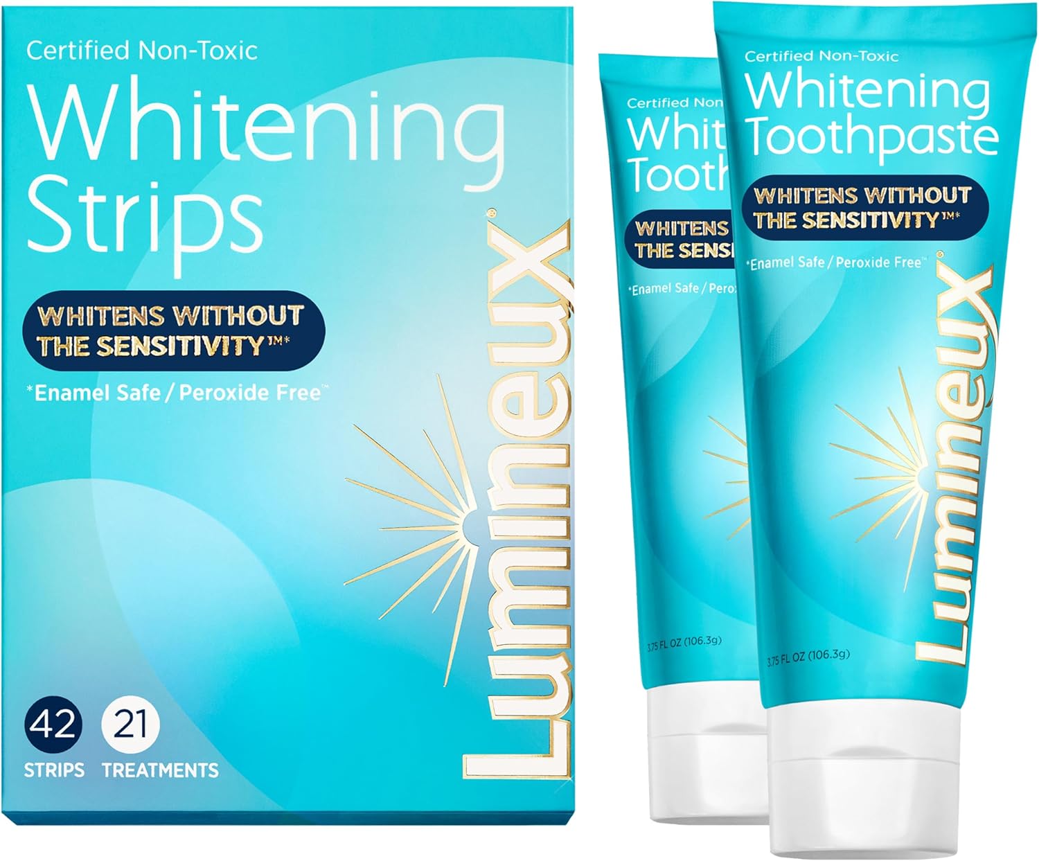 Lumineux Whitening Duo Set – Peroxide Free - Enamel Safe For Whiter Teeth – Includes 21 Whitening Treatments & 2 Pack Whitening Toothpaste Certified Non-Toxic, Fluoride Free & Dentist Formulated