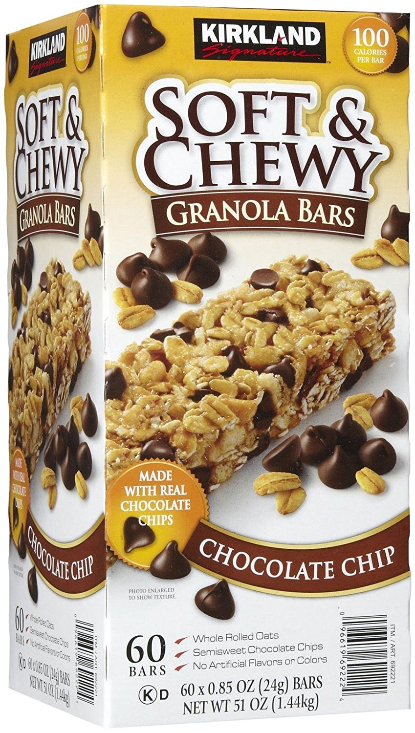 Kirkland Chewy Granola Bars Chocolate Chip, 60 ct Net WT 60 X 0.85 oz (24g) Bars, Net WT 51 oz (1.44kg)