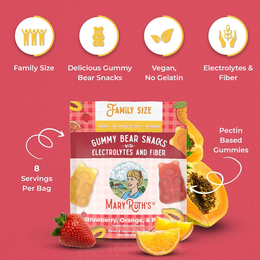 MaryRuth Organics Gummy Bears Snack with Electrolytes and Fiber | Fruit Flavored Gummy Candy Pack | Strawberry | Orange | Papaya | Vegan | Gluten Free | Non-GMO | Family Size | 240g