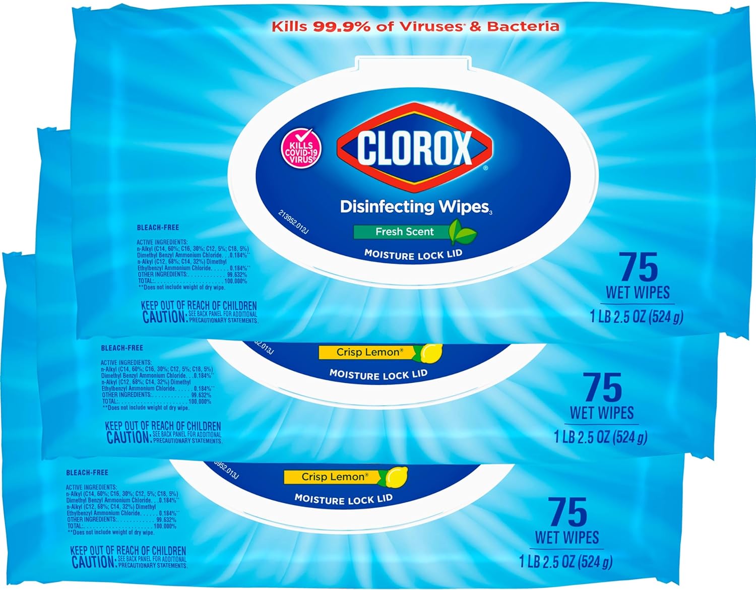 Clorox Disinfecting Wipes, Bleach Free Cleaning Wipes, Household Essentials, 75 Wipes, Pack Of 3, Fresh Scent (Package May Vary)