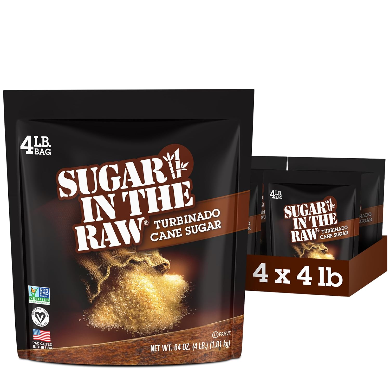 Sugar In The Raw Granulated Turbinado Cane Sugar, No Erythritol, Pure Natural Sweetener, Hot & Cold Drinks, Coffee, Cooking, Baking, Vegan, Gluten-Free, Non-Gmo, Bulk Sugar, 4Lb Bag (4-Pack)