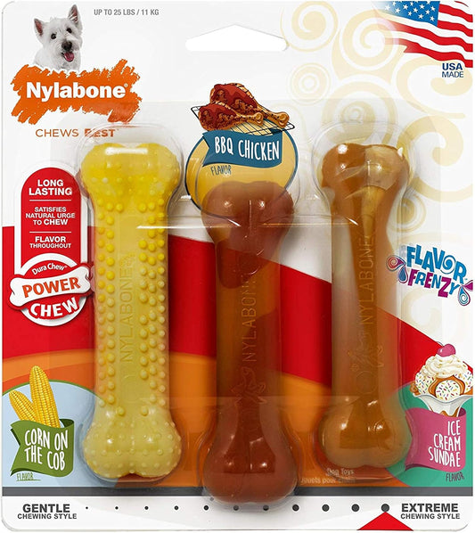 Nylabone Power Chew Flavor Frenzy Bone Chew Toy For Dogs, Indestructible Chew Toys For Aggressive Chewers, Chicken Flavor, Small/Regular - Up To 25 Ibs. (3 Count)