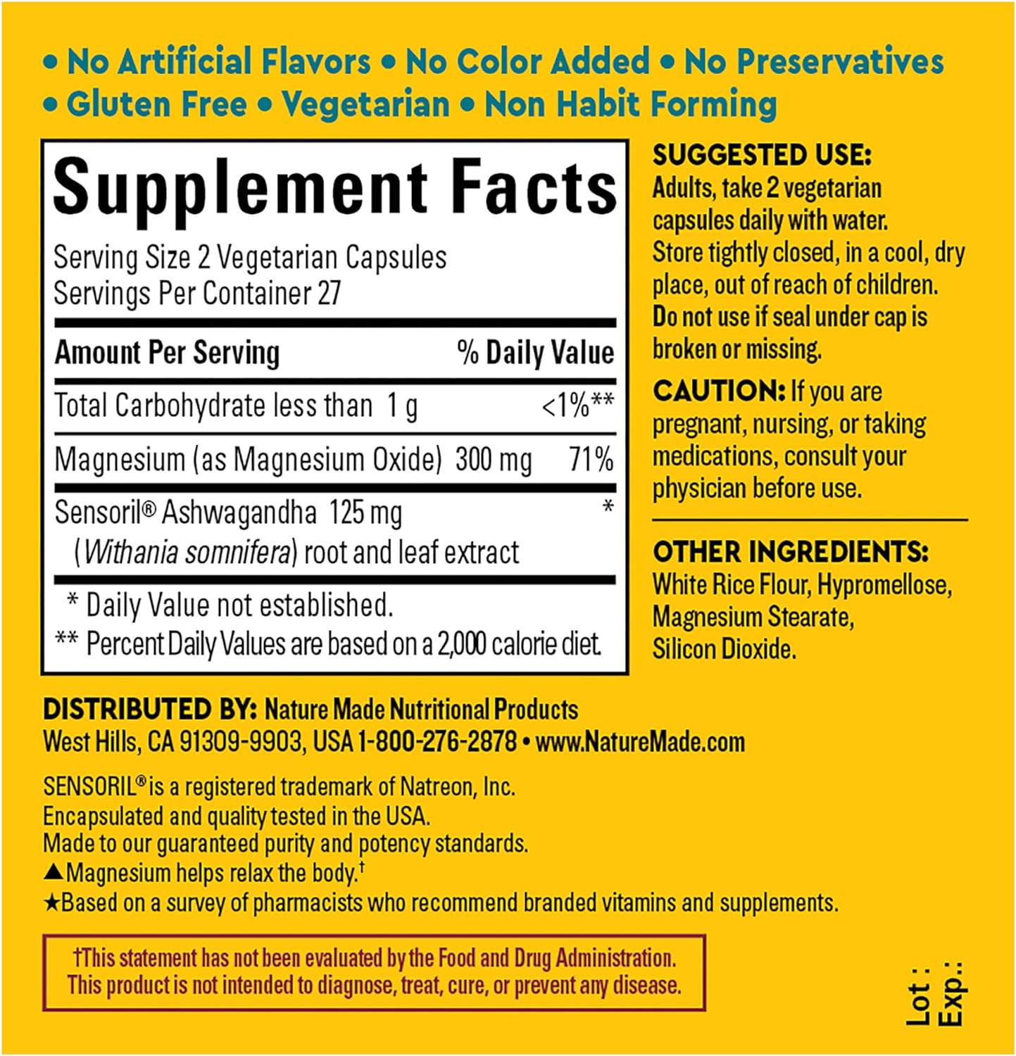 Nature Made Wellblends Calm & Relax, Ashwagandha 125mg, Magnesium 300 mg, 54 Vegetarian Capsules : Health & Household