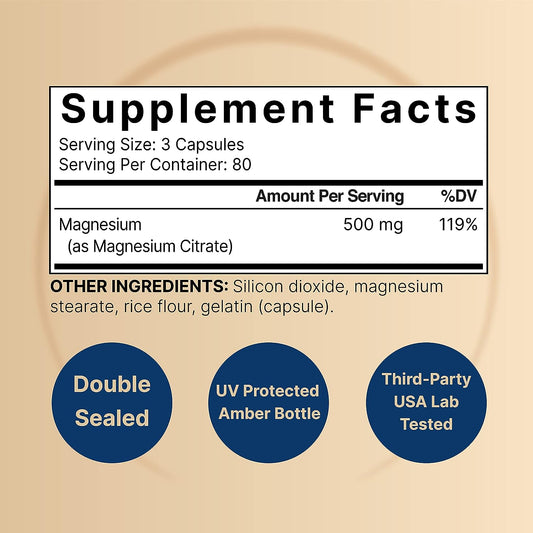 Magnesium Citrate 500mg, 240* Capsules | High Purity Elemental Form ? Extra Strength | Essential Mineral for Heart, Muscle, & Digestion Support ? Non-GMO & No Gluten