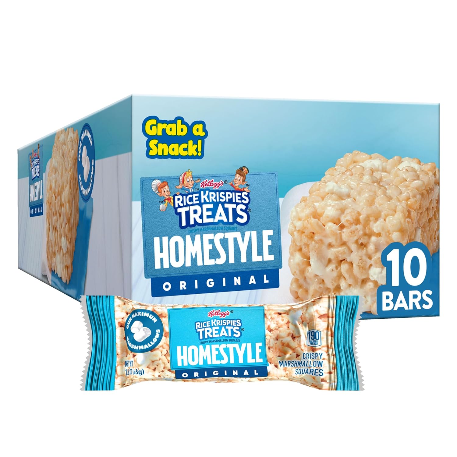 Rice Krispies Treats Homestyle Crispy Marshmallow Squares, Kids Snacks, Lunch Snacks, Original, 16.2Oz Box (10 Bars)