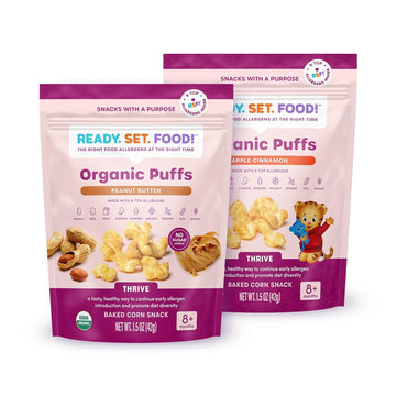 Ready Set Food Organic Puffs – Early Allergen Introduction Snack Puffs w/ 9 Top Allergens: Organic Peanuts, Cashew, Egg & More, No Added Sugar, Babies 8+ Months (AC & PB, 2-Pk)