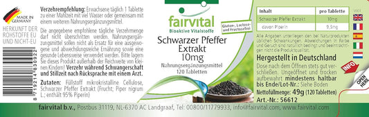 Fairvital | Black Pepper Extract 10 mg - 120 Tablets - 95% Piperine - for 4 Months - 100% Vegan - Quality Tested - Made in Germany