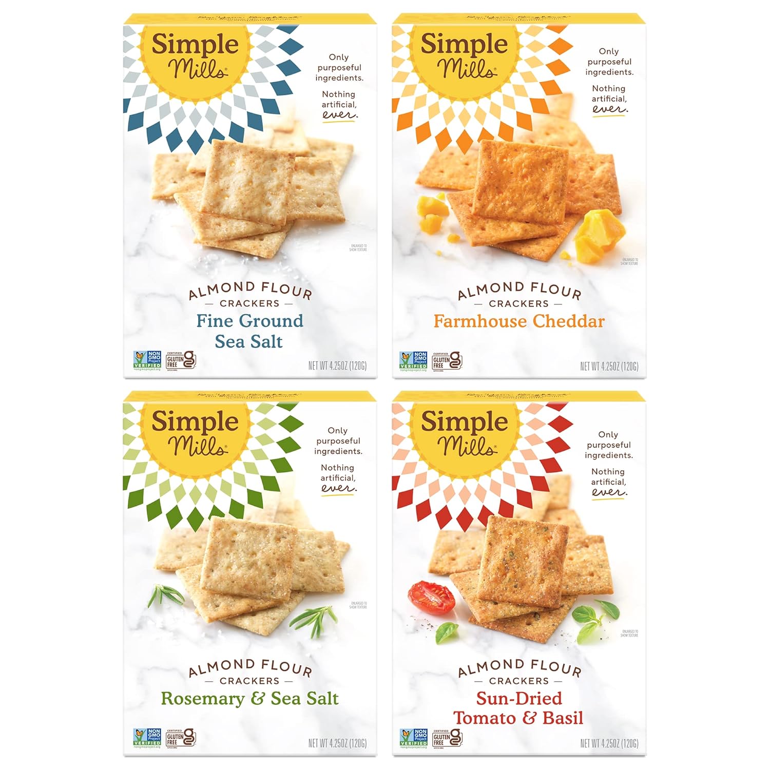 Simple Mills Almond Flour Crackers, Variety Pack (Fine Ground Sea Salt, Rosemary & Sea Salt, Farmhouse Cheddar, And Sun-Dried Tomato & Basil) - Gluten Free, Healthy Snacks, 4.25 Ounce (Pack Of 4)