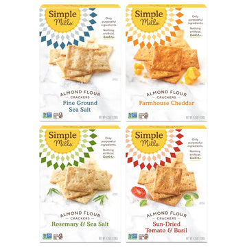 Simple Mills Almond Flour Crackers, Variety Pack (Fine Ground Sea Salt, Rosemary & Sea Salt, Farmhouse Cheddar, And Sun-Dried Tomato & Basil) - Gluten Free, Healthy Snacks, 4.25 Ounce (Pack Of 4)