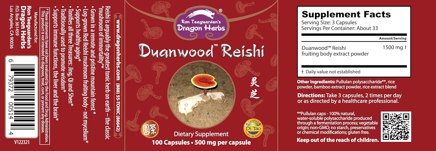 Dragon Herbs - Duanwood Reishi Capsules - 100 Capsules, 500 mg Each : Health & Household