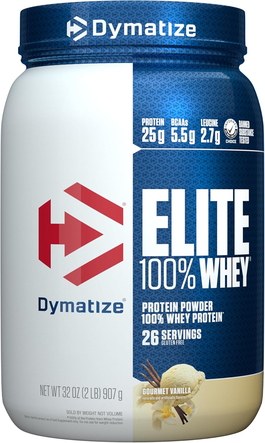 Dymatize Elite 100% Whey Protein Powder, L-Leucine, Quick Absorbing & Fast Digesting For Optimal Muscle Recovery, Gourmet Vanilla, 32 Oz