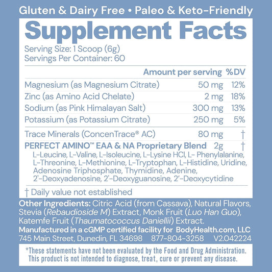 Bodyhealth Perfectamino Electrolyte Powder No Sugar, Hydration Fasting Keto Zero Sugar Electrolytes Drink Mix With Trace Minerals - Lemon Lime - 60 Servings