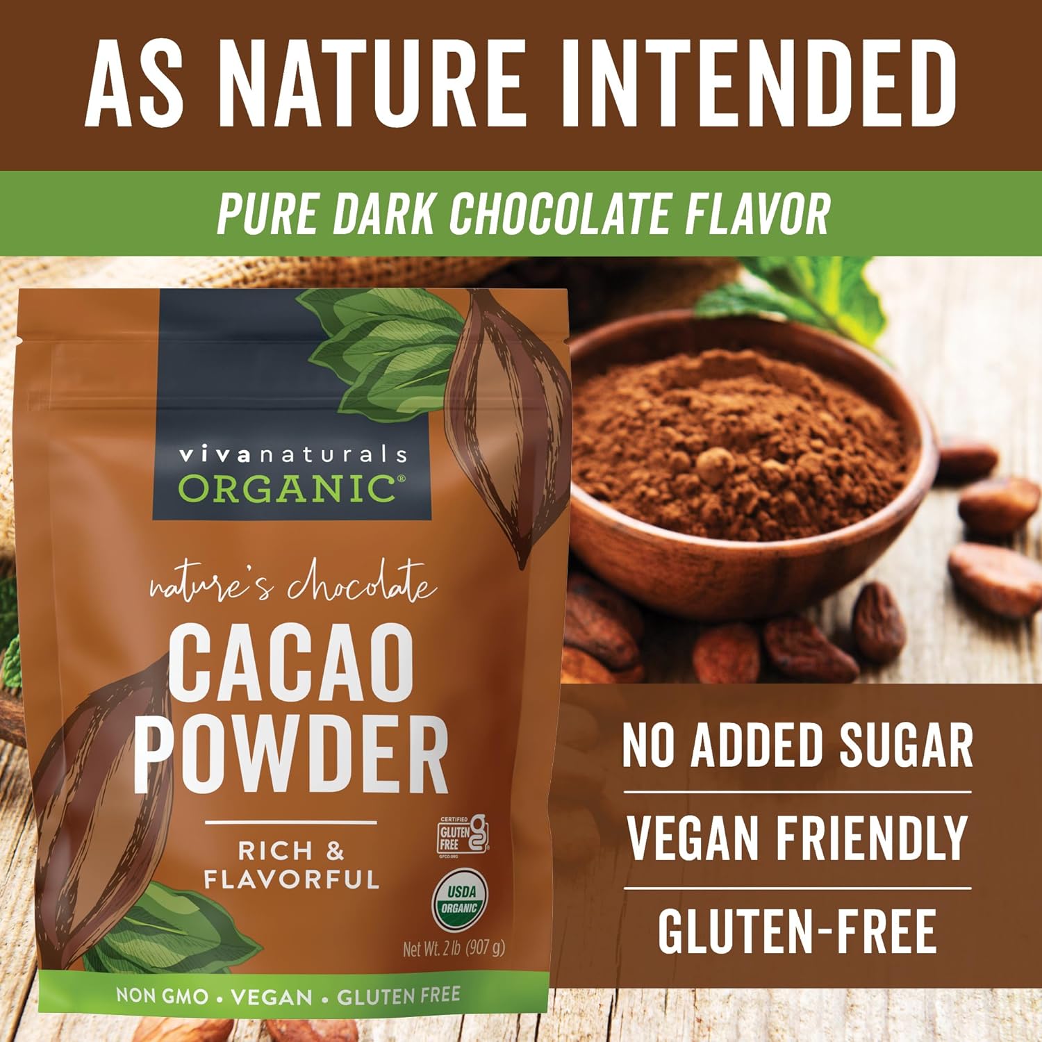 Viva Naturals Organic Cacao Powder, 2lb - Unsweetened Cocoa Powder With Rich Dark Chocolate Flavor, Perfect for Baking & Smoothies - Certified Vegan, Keto & Paleo, Non-GMO & Gluten-Free, 907 g : Grocery & Gourmet Food