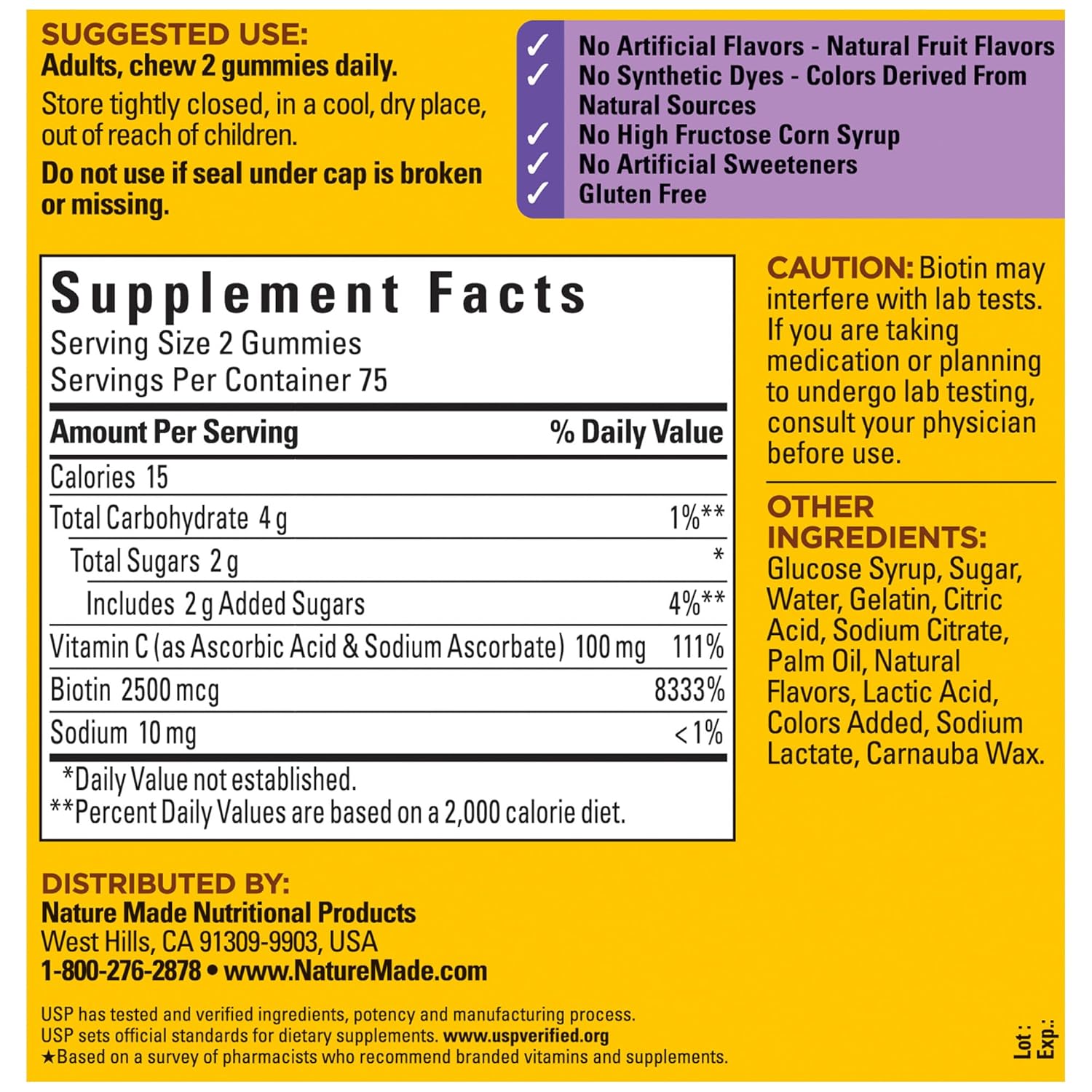 Nature Made Hair Skin And Nails With Biotin 2500 Mcg, Dietary Supplement For Healthy Hair, Skin & Nails Support, 150 Gummies, 75 Day Supply