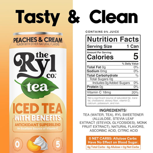 Ryl Iced Tea, Peaches & Cream Tea, Antioxidant Superblend, Zero Sugar, Low Carb, Zero Calorie Iced Tea, 16.0 Fl Oz (12-Pack)