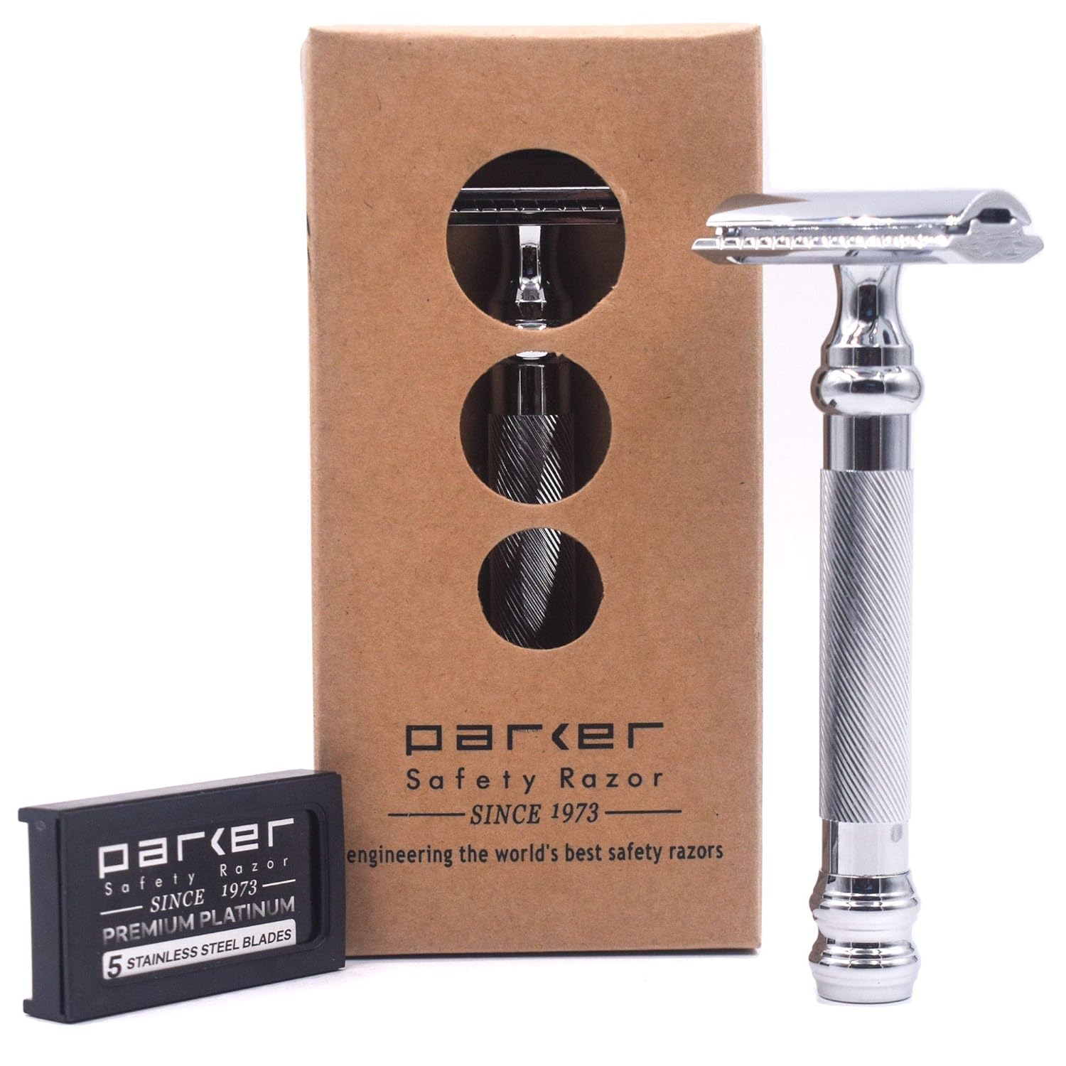 Parker 98R Heavyweight 3-Piece Double Edge Safety Razor – Long Handle, Closed Comb Design For Smooth Wet Shaving, Includes 5 Razor Blades – Iconic Brand In Traditional Shaving