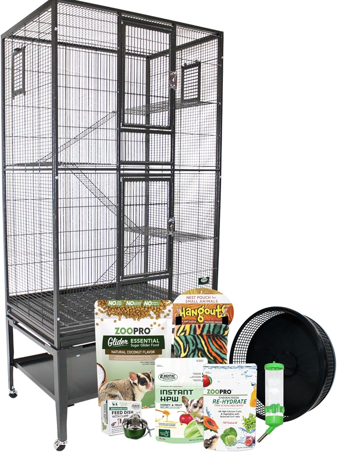 Congo Cage & Starter Package For Sugar Gliders - Includes Durable Cage, Exercise Wheel, Healthy Food Assortment, Water Bottle, Food Dishes & Nest Pouch