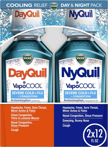 Vicks Dayquil And Nyquil Vapocool Severe Combo Cold & Flu + Congestion Medicine, Max Strength Relief For Fever, Sore Throat, Nasal Congestion, Sneezing, Cough, 2 X 12 Oz Bottles, 1 Nyquil, 1 Dayquil