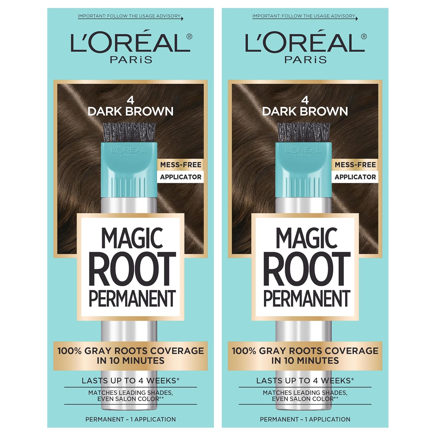 L'Oreal Paris Magic Root Rescue 10 Minute Root Hair Coloring Kit, Permanent Hair Color With Quick Precision Applicator, 100 Percent Gray Coverage, 4 Dark Brown, 2 Count