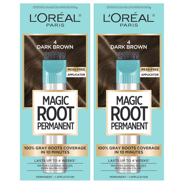 L'Oreal Paris Magic Root Rescue 10 Minute Root Hair Coloring Kit, Permanent Hair Color With Quick Precision Applicator, 100 Percent Gray Coverage, 4 Dark Brown, 2 Count