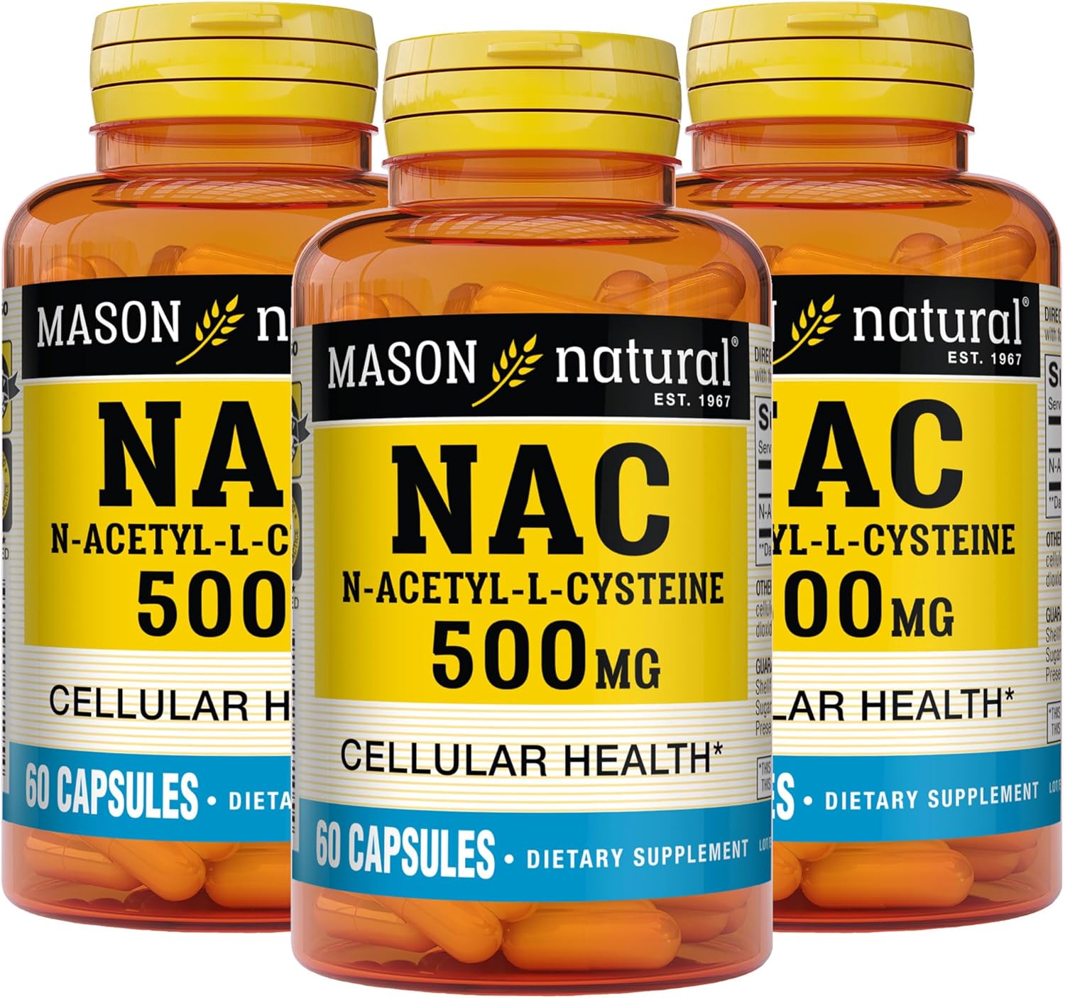 MASON NATURAL NAC N-Acetyl L-Cysteine 500 mg - Supports Cellular Health, Immune System Booster, for General Wellness, 60 Capsules (Pack of 3)