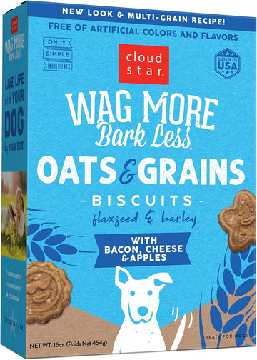 Cloud Star Wag More Bark Less Oats & Grains Crunchy Dog Treats, Bacon, Cheese & Apples, 16 Oz. Box