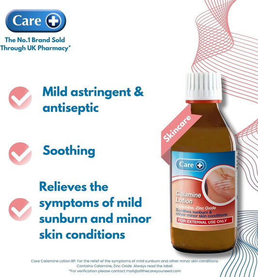 Care Calamine Lotion 200Ml, Mild Antiseptic And Astringent, Relieves Symptoms Of Suburn And Minor Skin Conditions, Soothes Eczema, Rashes And Chickenpox