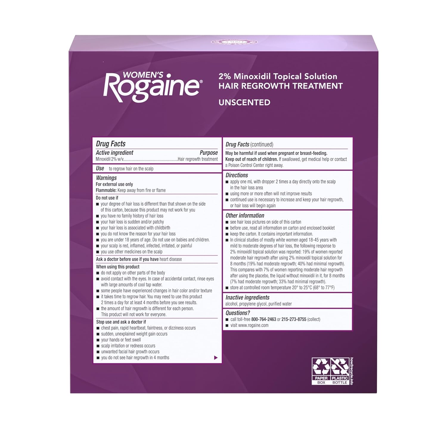 Rogaine Women's 2% Minoxidil Topical Solution for Womens Hair Thinning and Loss & Hair Regrowth, 3-Month Supply, 4 Piece Set, Unscented, 6 Fl Oz : Beauty & Personal Care