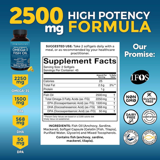 Viva Naturals Triple Strength Omega 3 Fish Oil Supplement - 2500 mg Fish Oil with Re-Esterified Omega 3 Fatty Acids Including EPA, DHA DPA - 90 Pescatarian-Friendly Softgels