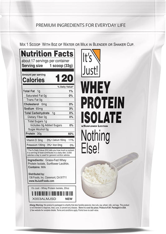 It'S Just! - Whey Protein Isolate, Ultra Premium Grass-Fed, Unflavored/Natural Taste, Made In Usa, Pure 90% Protein, Only 1G Carb, No Added Sugar (Isolate, 1.25 Pound)