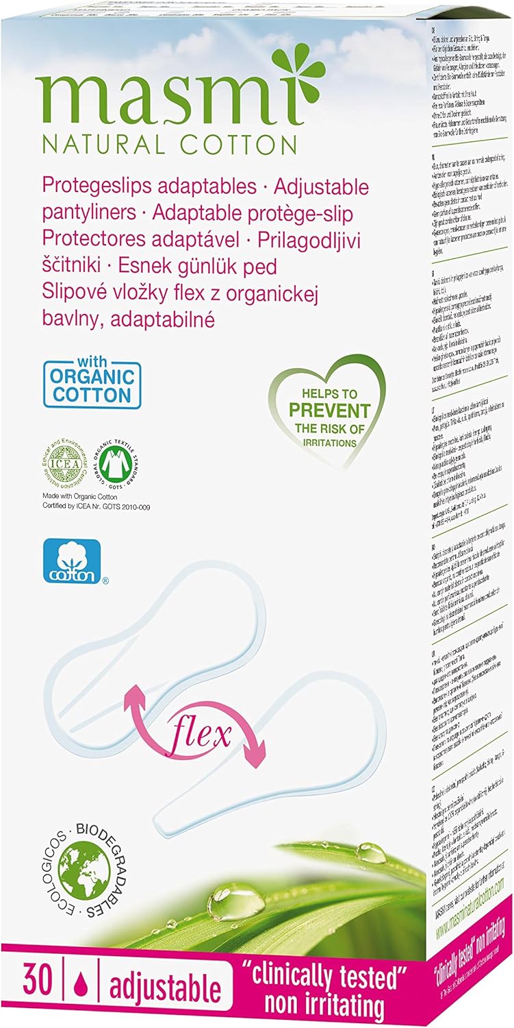 30 Masmi Adaptable Flexi Panty Liners Organic Cotton for Bikini Thong Tanga G String, Biodegradable, Perfume, Chlorine and Dioxin Free… (Single Pack)