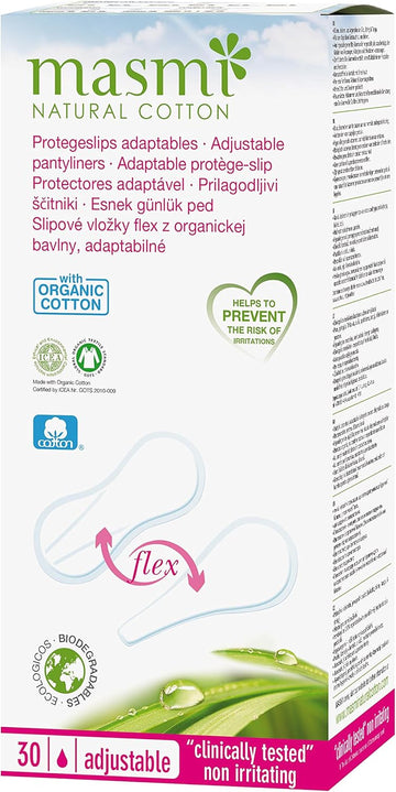 30 Masmi Adaptable Flexi Panty Liners Organic Cotton for Bikini Thong Tanga G String, Biodegradable, Perfume, Chlorine and Dioxin Free… (Single Pack)