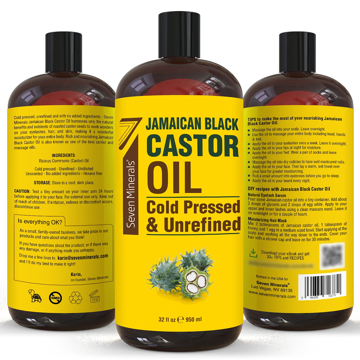 Seven Minerals, Pure Jamaican Black Castor Oil - Big 32 fl oz Bottle - Unrefined & Hexane Free - for Hair Growth, Thicker Eyelashes & Eyebrows, Dry Skin, Healing, Hair Care : Beauty & Personal Care