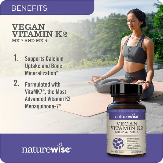 Naturewise Vitamin K2 Mk-7 100Mcg And Mk-4 500Mcg - Enhanced Bioavailable Formula - K Complex Supplement For Bone Health + Heart Health - Vegan, Gluten Free, Non-Gmo - 90 Softgels[3-Month Supply]