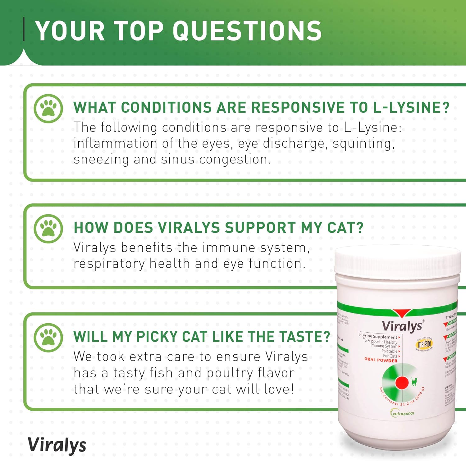 Vetoquinol Viralys L-Lysine Supplement for Cats, 21oz/600g - Cats & Kittens of All Ages - Immune Health - Sneezing, Runny Nose, Squinting, Watery Eyes - Palatable Fish & Poultry Flavored Lysine Powder : L Lysine Nutritional Supplements : Pet Supplies