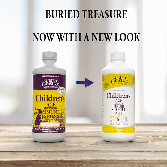 Buried Treasure Childrens ACF Advanced Immune Support, Cherry Flavor, 16oz w/Dose Cup, Immune Booster Supplement for Kids, Liquid Herbal Immunity Formula w/Vitamin C Elderberry Enchinacea Zinc