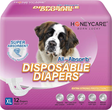 Honey Care All-Absorb Disposable Dog Diapers Xl Size, Improved Bigger Size, 12 Count, Super Absorbent, Breathable, Wetness Indicator