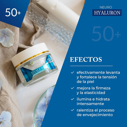 Bielenda Neuro Hyaluron 50+ Hydrating Anti-Wrinkle Cream With Hyaluronic Acid And Vitamins C & E, Anti-Ageing Facial Care, Day/Night, 50 Ml