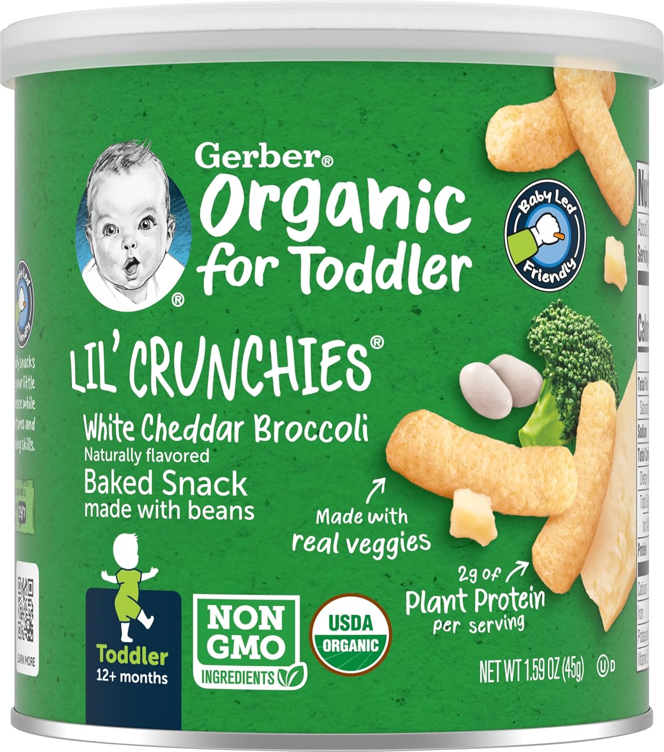 Gerber 2Nd Foods Organic For Toddler, Lil' Crunchies, White Cheddar Broccoli, 1.59 Oz Canister