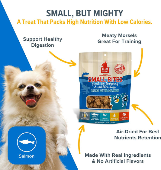 Plato Small Bites Dog Treats, Natural Bite Sized Real Meat & Salmon Flavor, Grain Free & High In Protein, Air Dried Authentic Ingredients, 2 Calories Per Treat, Made In The Usa, 2.5 Ounces