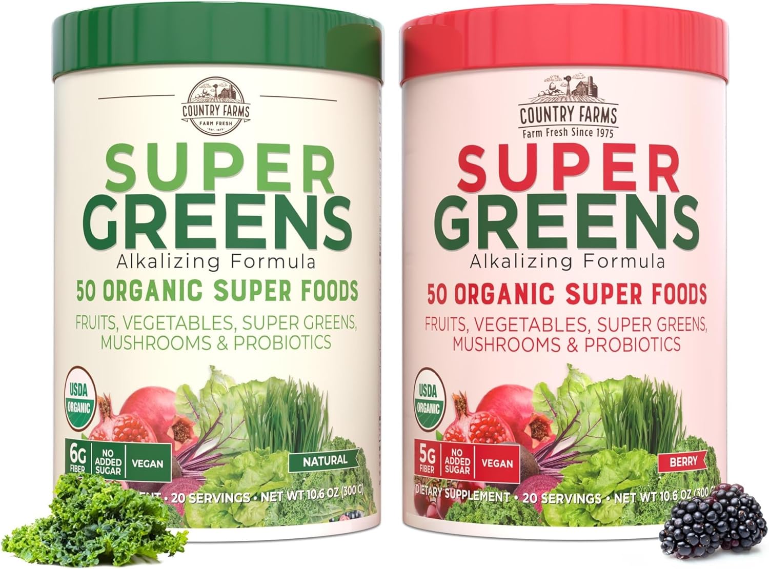 Country Farms Super Greens Power Pack, 50 Organic Super Foods, Greens Powder With Probiotics For Gut Health & Bloating Relief, Supports Energy, Unflavored & Berry, 40 Serving
