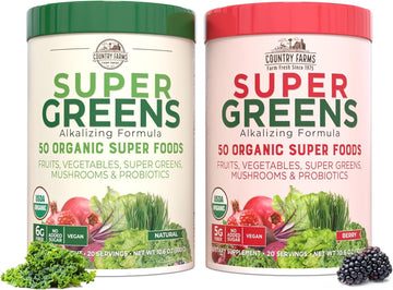 Country Farms Super Greens Power Pack, 50 Organic Super Foods, Greens Powder With Probiotics For Gut Health & Bloating Relief, Supports Energy, Unflavored & Berry, 40 Serving