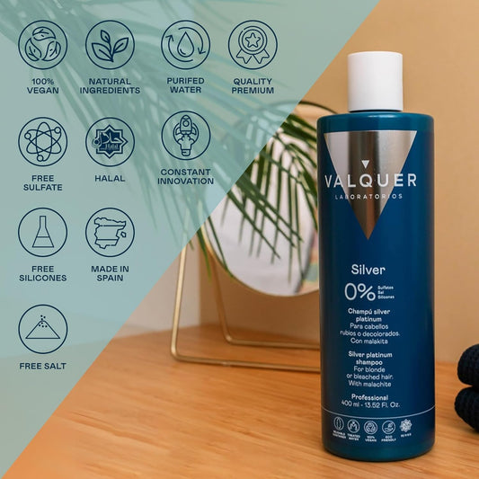 Valquer Silver Platinum Zero Toning Shampoo For Blonde Or Bleached Hair. Maintains Color, Cleanses, Nourishes, And Tones Yellow Or Orange Tones With Malakite, Vitamin E, And Panthenol. 400 Ml